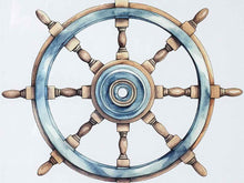 'Ship's Wheel II' Watercolor Print Double Matt Natural Wood Frame