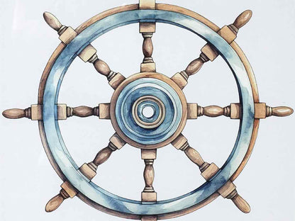 'Ship's Wheel II' Watercolor Print Double Matt Natural Wood Frame