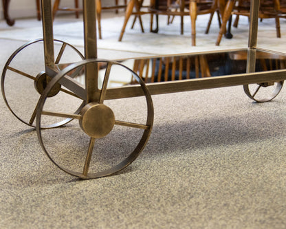Wheeled Bar Cart in Brass Finish with Mirrored Top and Lower Shelf