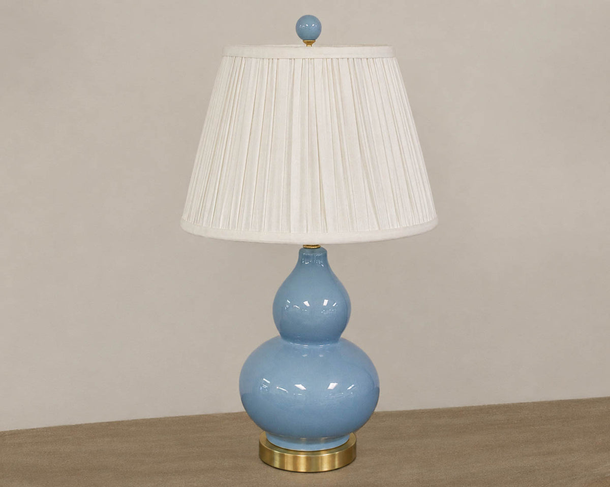 Ice Blue Porcelain Gourd Table Lamp with Gold Base and Shirred White Shade