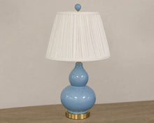 Ice Blue Porcelain Gourd Table Lamp with Gold Base and Shirred White Shade