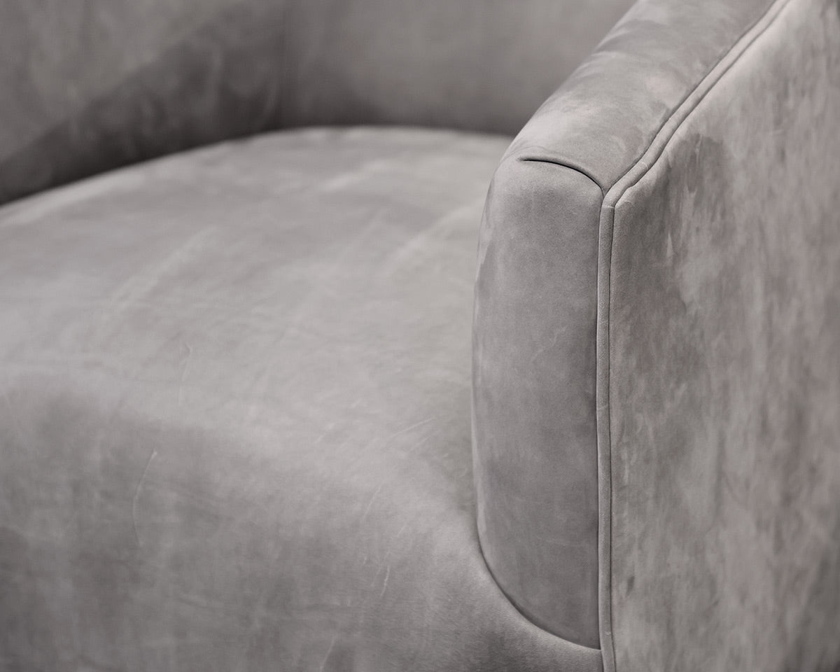 Pair of Restoration Hardware Italian Shelter Arm Suede Swivel Chairs