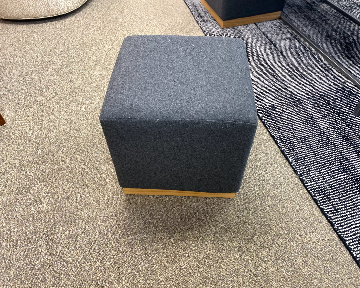 Grey Felt Cube Ottoman on Wooden Base