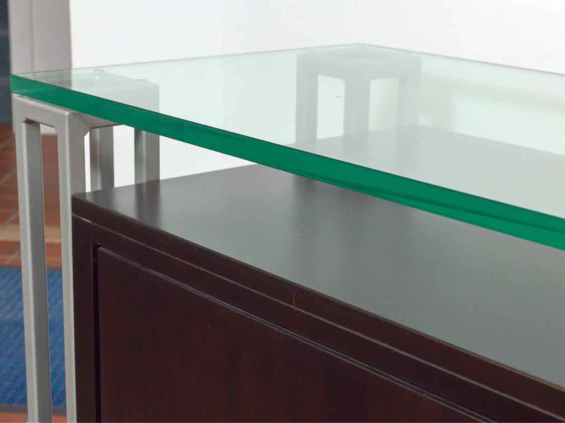 Contemporary Glass Top Walnut  Finish Metal Accents  2 Sliding Doors Server
