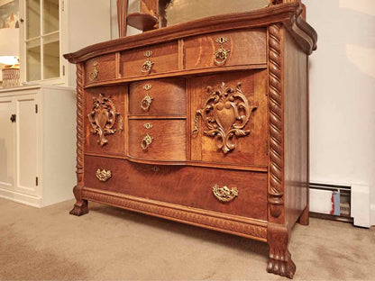 Antique Victorian Oak Hand Carved 8 Drawer Mirror  Sideboard