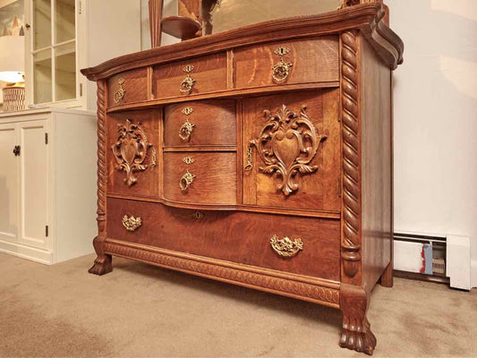 Antique Victorian Oak Hand Carved 8 Drawer Mirror  Sideboard