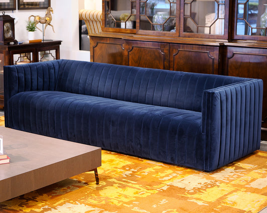 One King's Lane Blue Velvet Channeled Sofa
