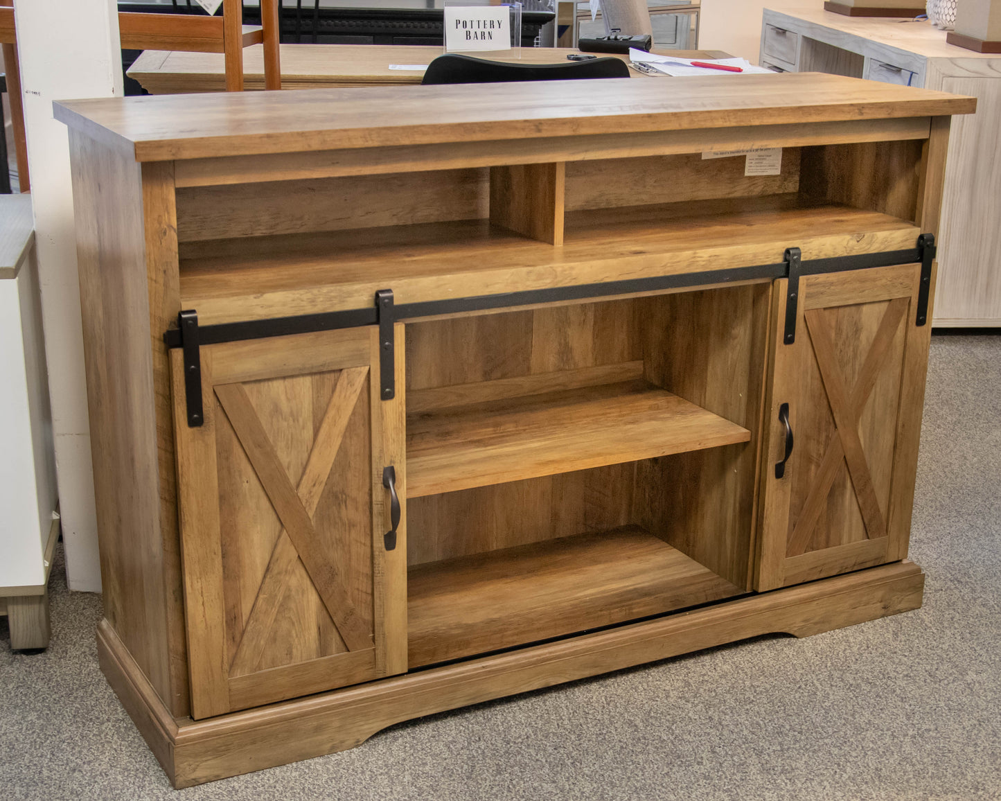 Media Console in Driftwood Finish Reclaimed Wood with Sliding Doors