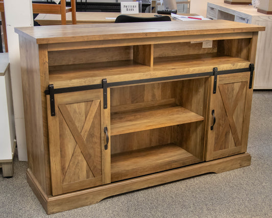 Media Console in Driftwood Finish Reclaimed Wood with Sliding Doors