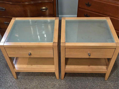 Pair of Baronet Nightstands in Maple with Glass Top & Brushed Nickel Pulls