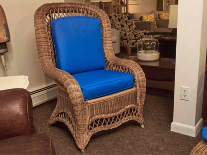 Natural High Back Wicker Chair Custom Upholstered Cushion Includes Ottoman