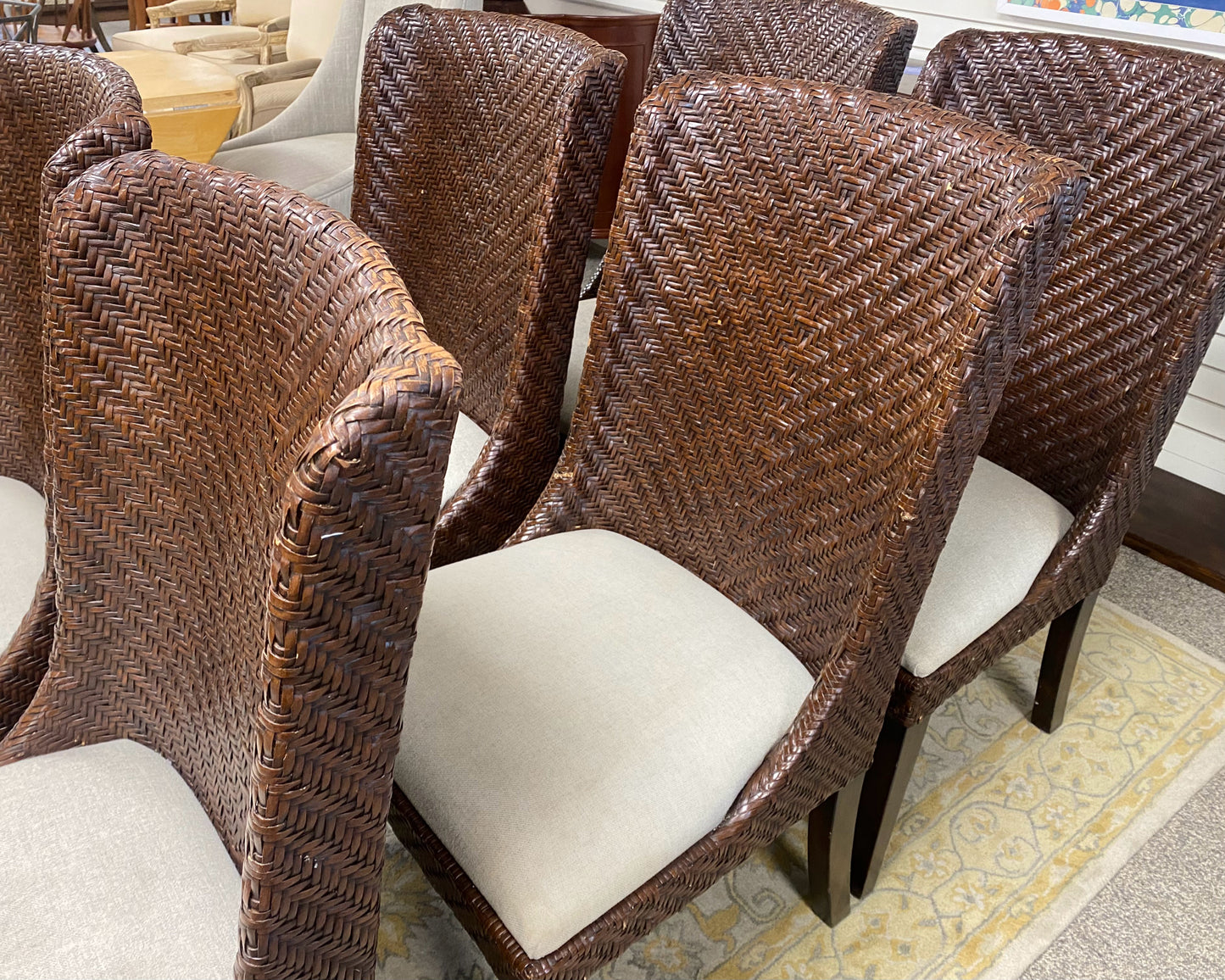 Set of 6 Painted Wicker Dining Chairs in Brown with Beige Seats