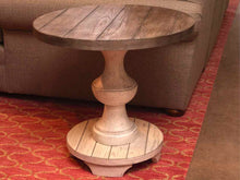 Round Driftwood Finish Plank Top Side Table with Pedestal Base