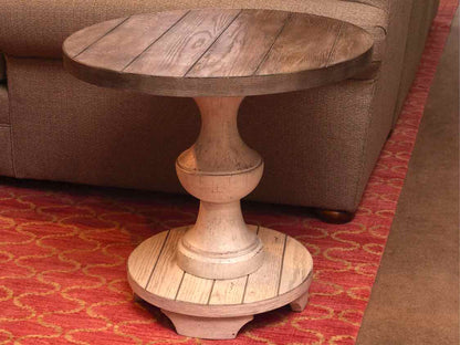Round Driftwood Finish Plank Top Side Table with Pedestal Base