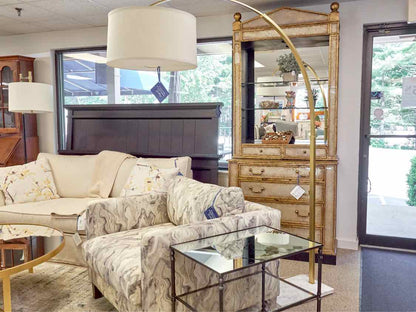 Arch Brass Finish Floor Lamp with White Stone Base and Drum Shade