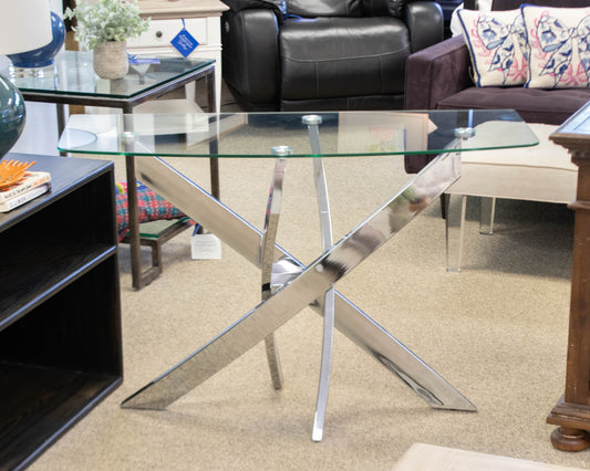 Contemporary Glass Top Bowfront Console on Chrome Angled Base
