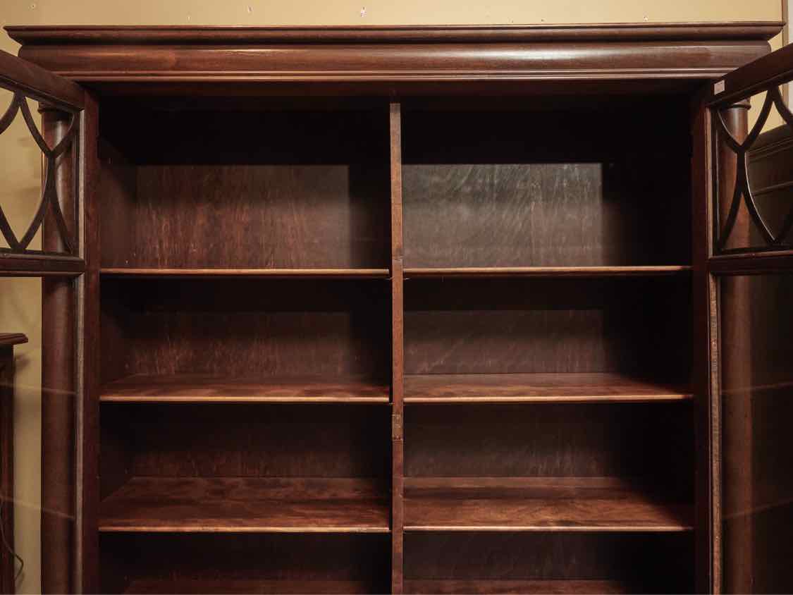 Cherry Double Glass Door Carved Columns  8 Adjustable Shelf Bookcase