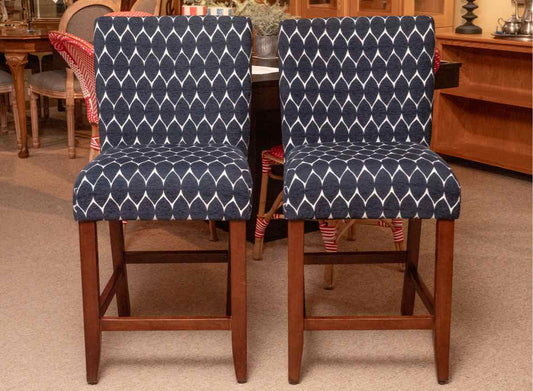 Pair of Blue & White Design Upholstered Counter Stools with  Espresso Finish Leg
