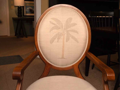 Tommy Bahama Style Dining Table & 8 Chair Set with Palm Tree Linen Upholstery