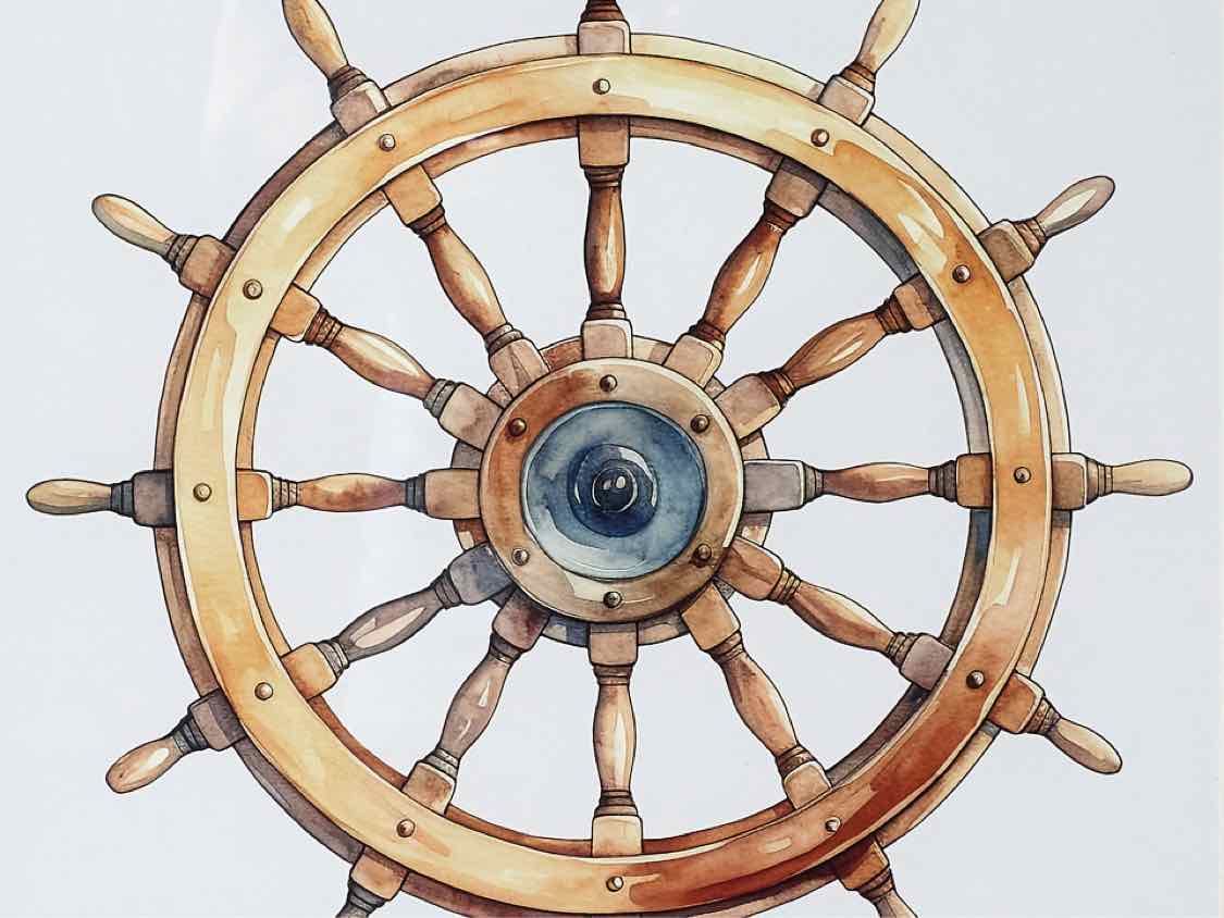 'Ship's Wheel I' Watercolor Print Double Matt Natural Wood Frame
