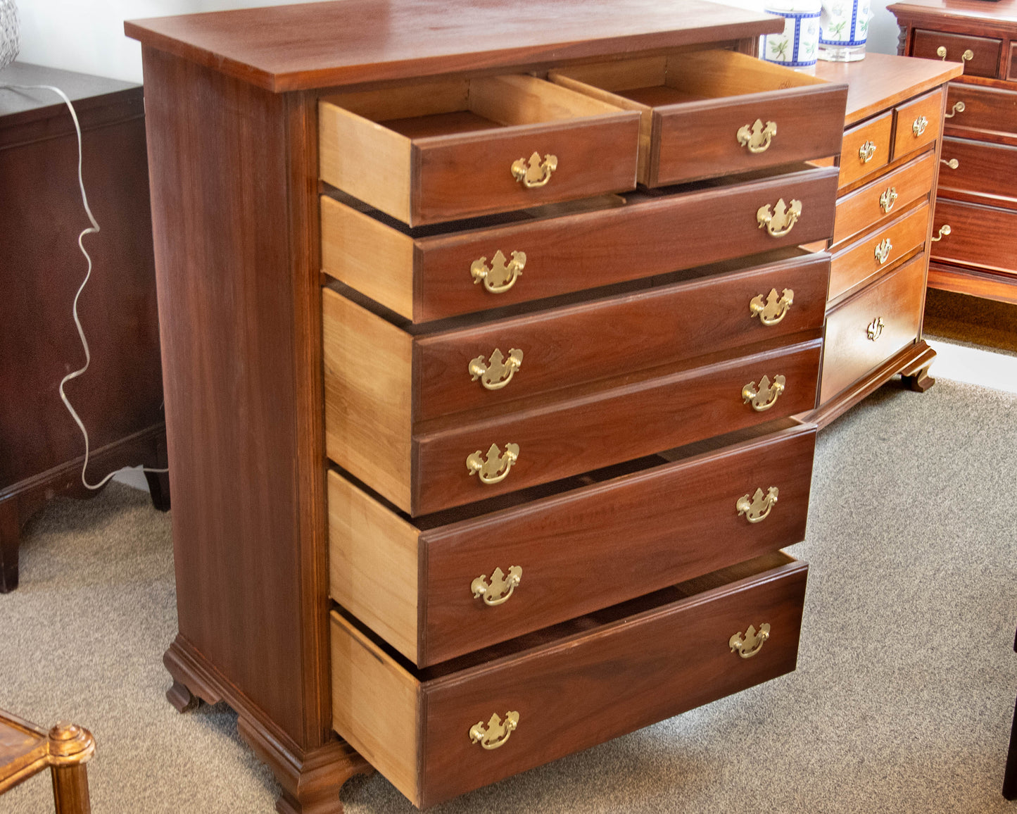 Dixie Forest Walnut 6 DrawerTall Chest With Chippendale Brass Hardware