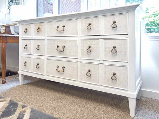 Tommy Bahama White 9 Drawer  Dresser with Rattan Drawer Fronts & Mirror