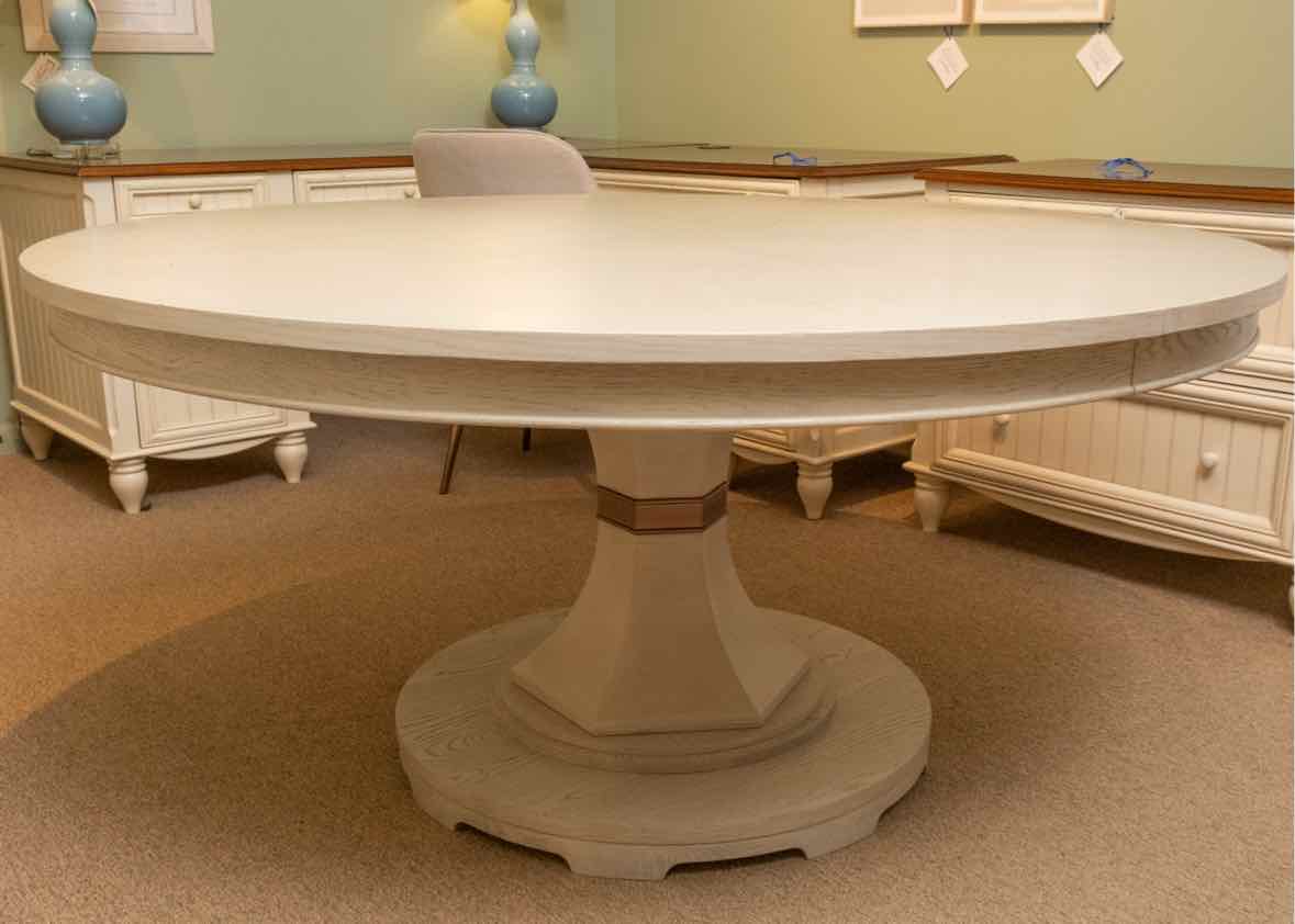 Dove Gray Finish Round Pedestal Dining Table With 16" Leaf