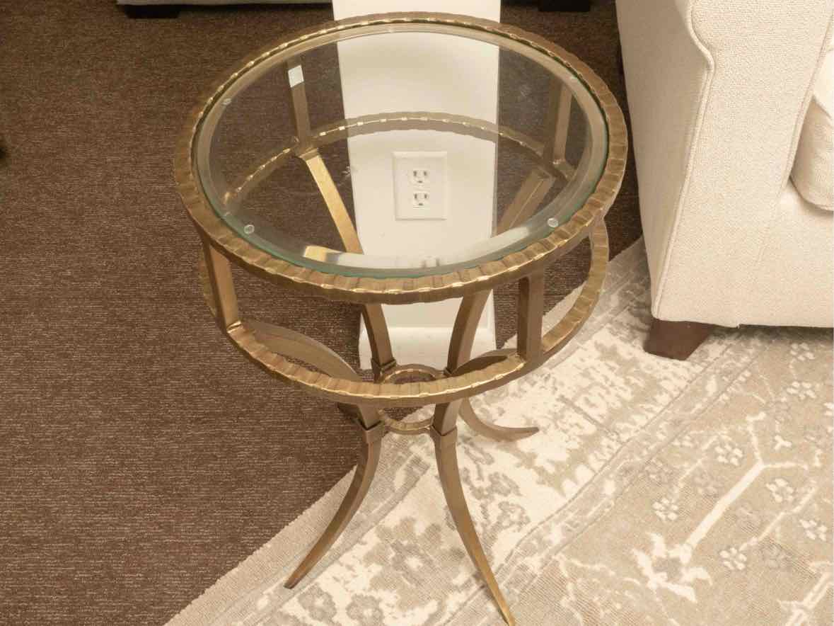 Hollywood Regancy Style Glass Top Brass Finish Metal Side Table