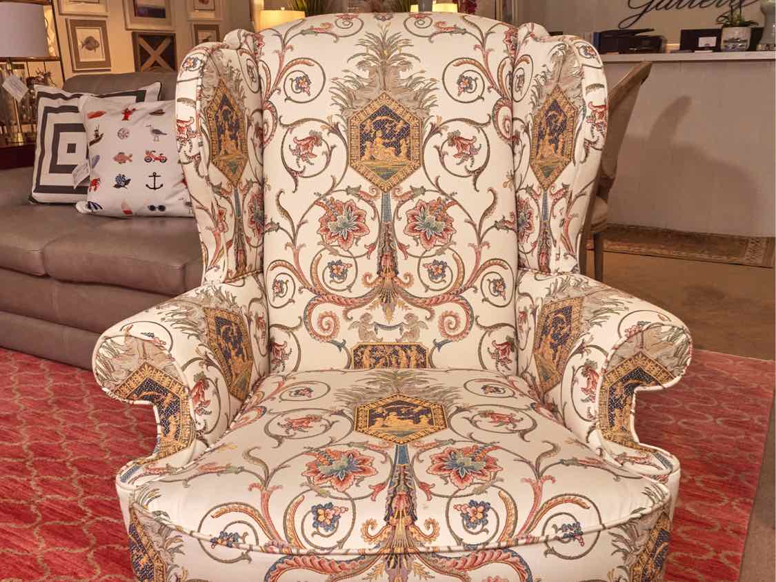 Pair of Statesville Chair Company Upholstered Wing Chairs with Center Medallion