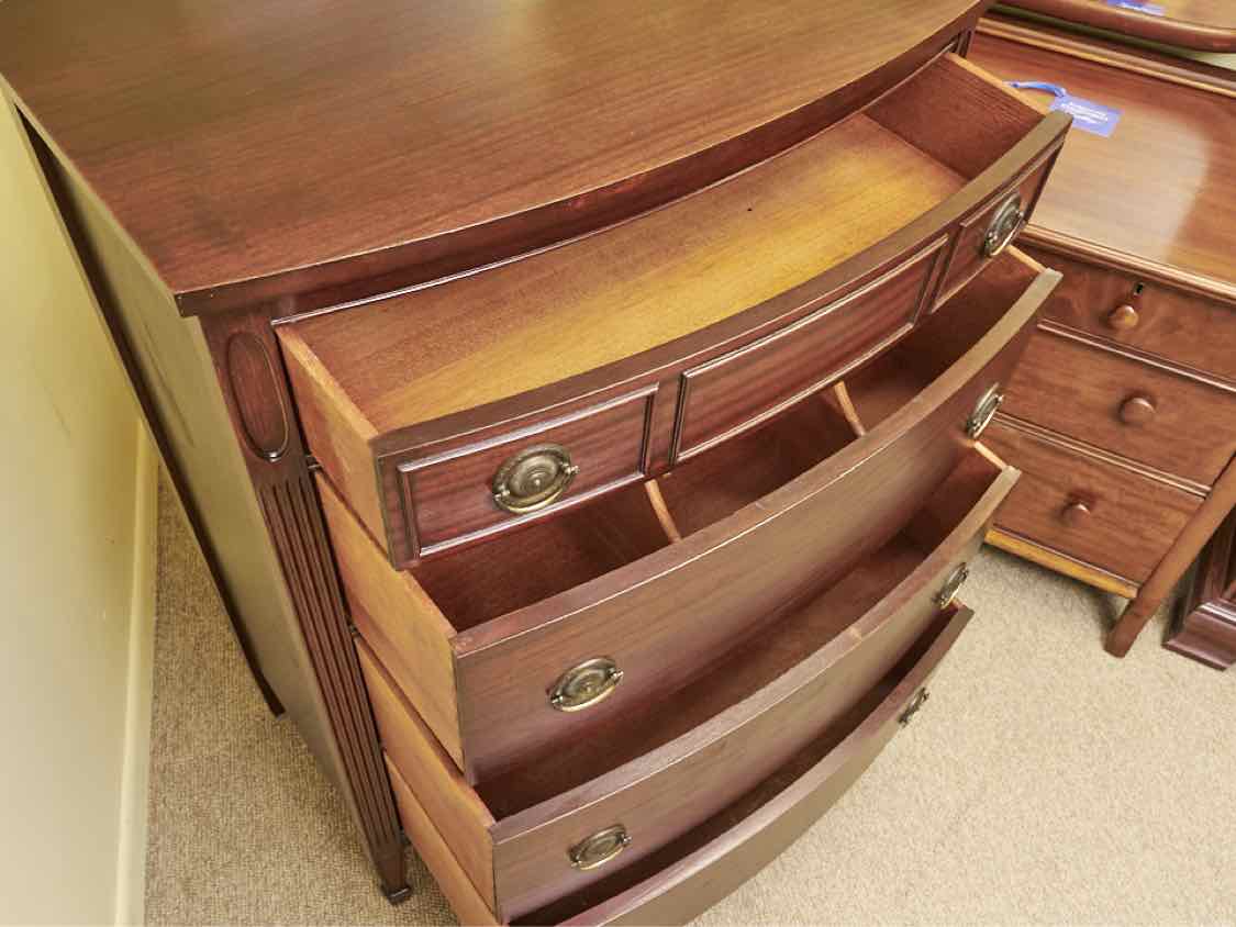 Mahogany 4 Drawer Brass Hardware Carved Reeded Columns Chest
