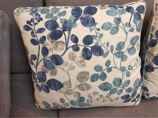 Pair Of Feather Filled Blue & Gray Leaf Motif Accent Pillows