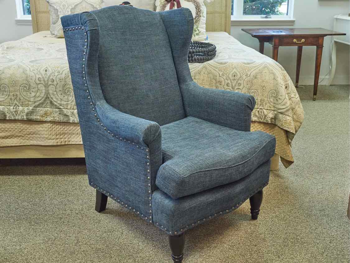 Pair of Pottery Barn Wing Back Chairs in Denim Blue Upholstery