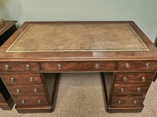 Antique Cherry Leather Top 9 Drawer Desk On Casters