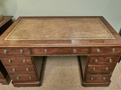 Antique Cherry Leather Top 9 Drawer Desk On Casters
