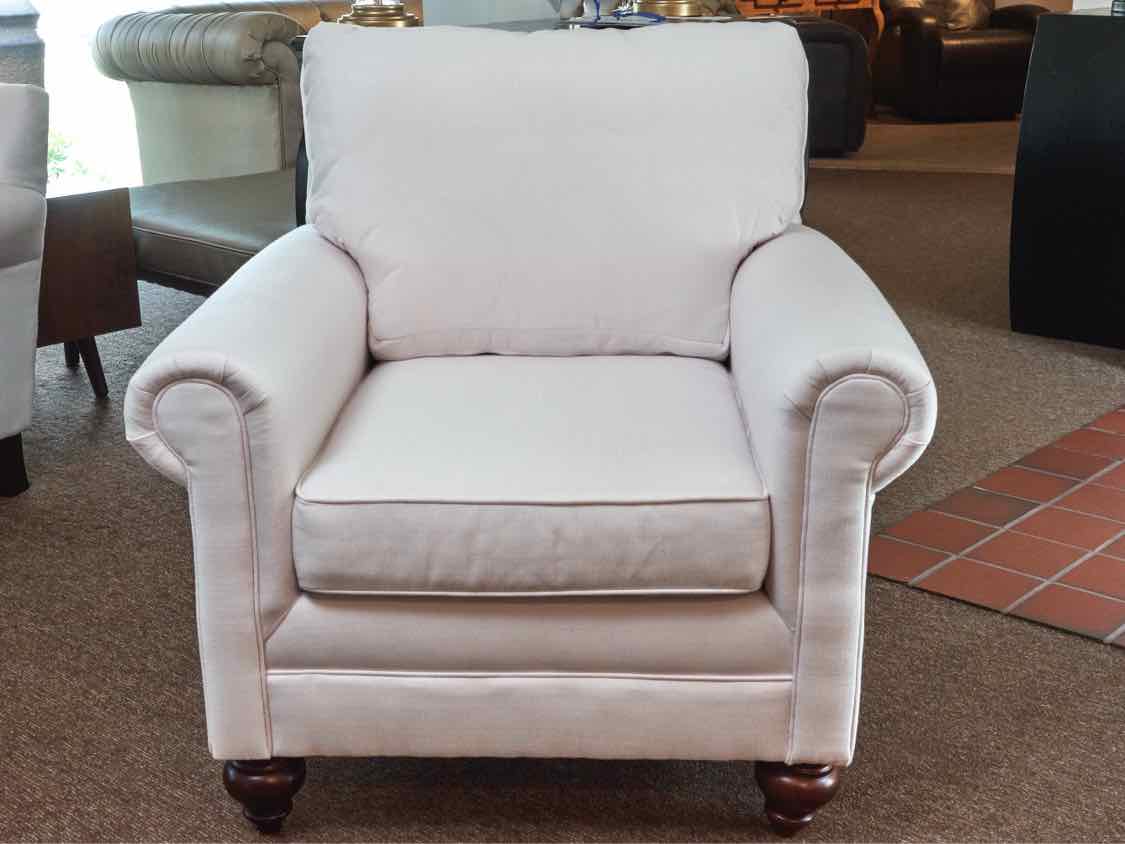 Pair Of White Sunbrella Upholstered Rolled Arm Chairs & Ottoman