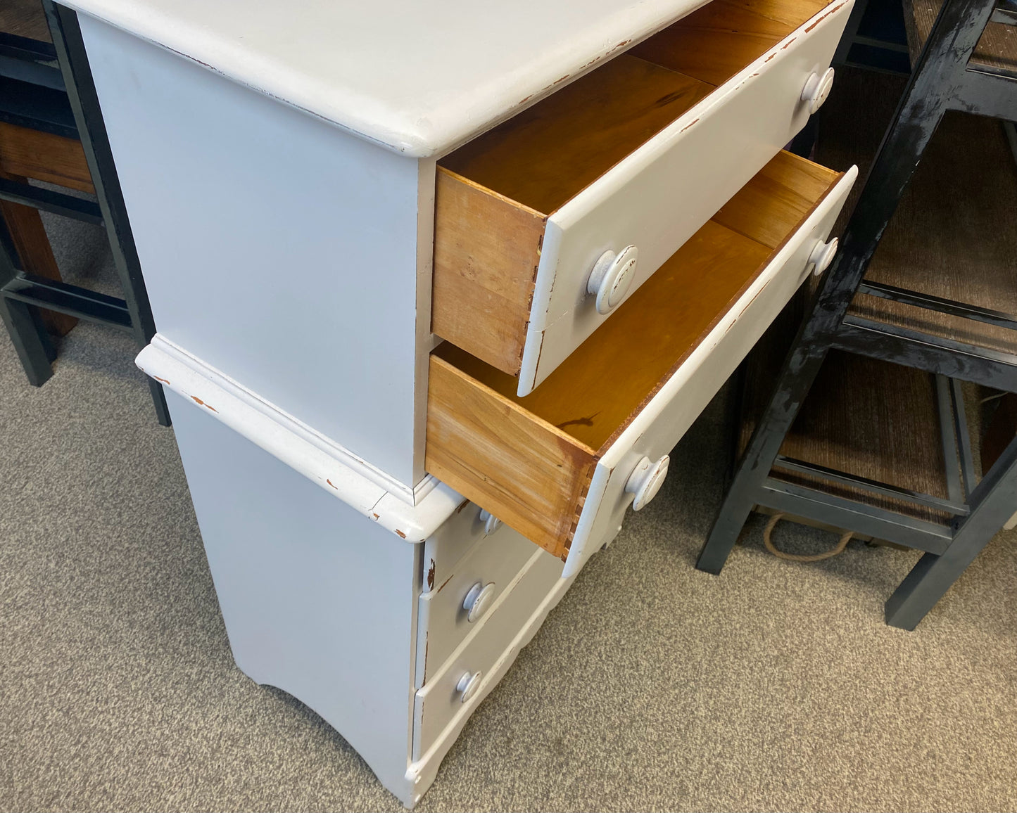 Ivory Distressed 5 Drawer Chest on Chest
