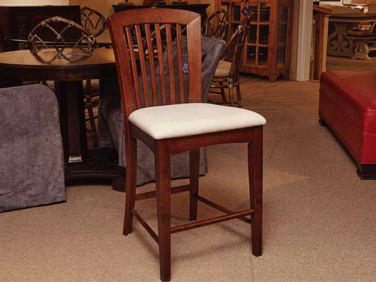 Pair Of Dark Stained Ash Cream Fabric Cushion Counter Stools