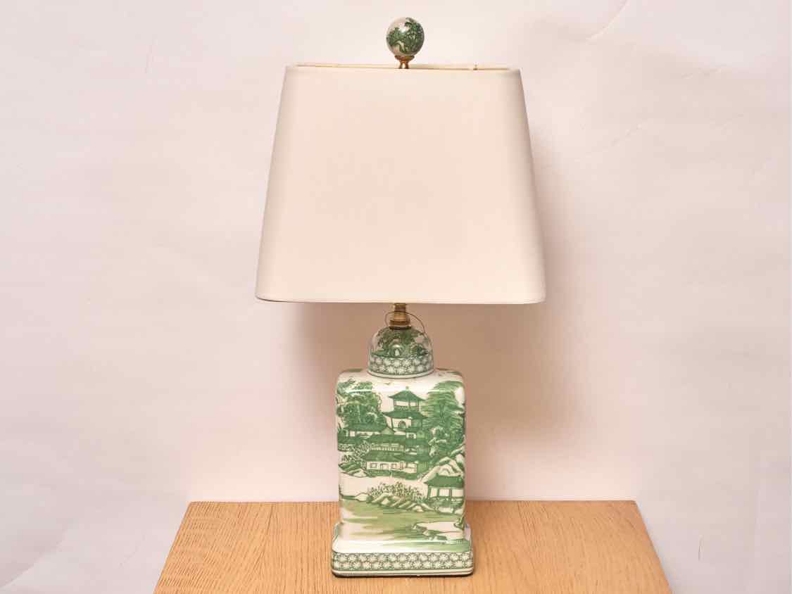 Green Chinoiserie Tea House Lamp With Off White Shade