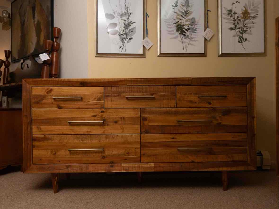 West Elm  'Alexa' Reclaimed Pine  Brass Finish Handles 7 Drawer Dresser