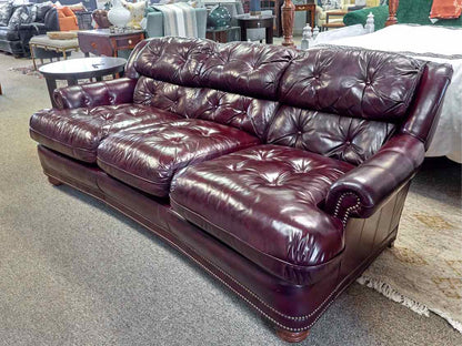 Distinction Oxblood Red Leather Tufted 3 Cushion Sofa with Nailhead Trim
