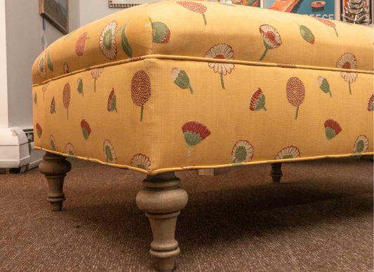 Yellow Upholstered With Retro Floral Pattern Turned Wooden Legs Ottoman