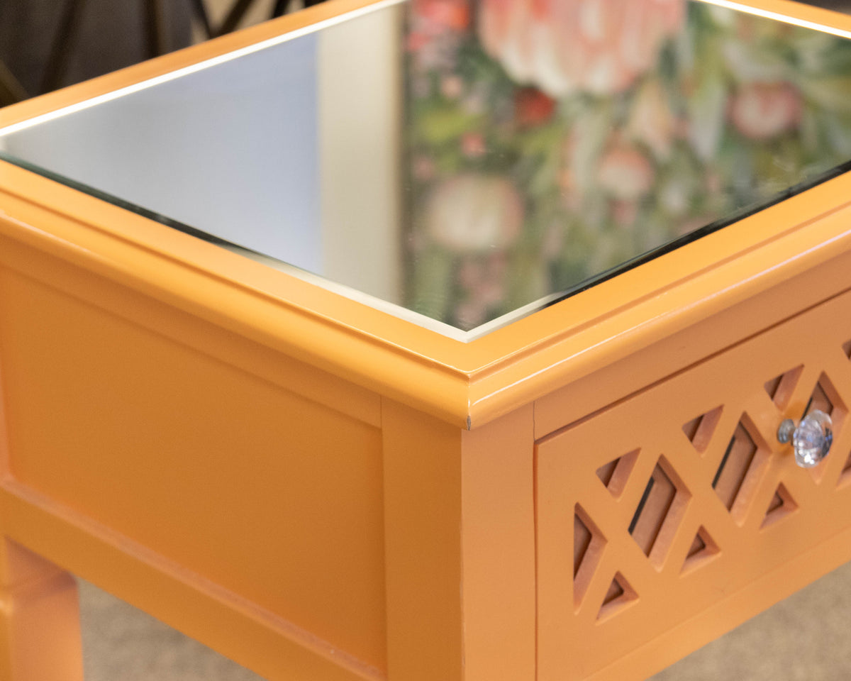 Three Hands Orange Lacquered Side Table with Mirrored Top