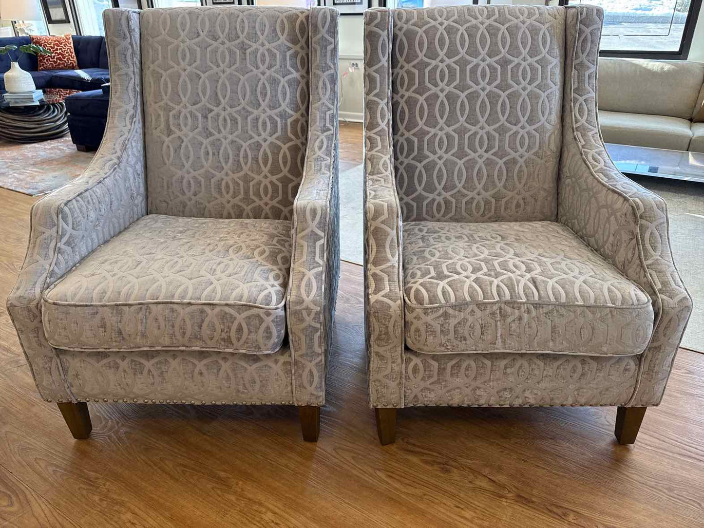 Jofran Pair of 'Quinn' Wing Chairs in Geometric Silver Fabric
