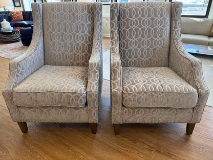 Jofran Pair of 'Quinn' Wing Chairs in Geometric Silver Fabric