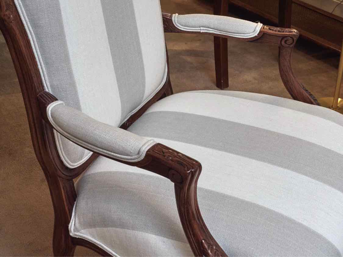 Pair Of Ballard Design French Inspired White & Gray Striped Arm Chairs