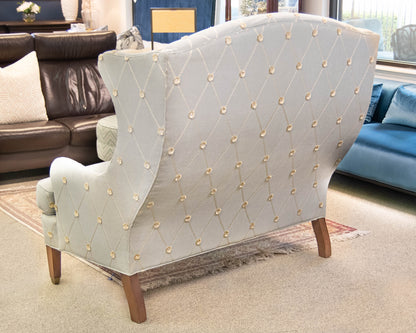 Michael Thomas Tall Wingback Settee in Pale Blue Embroidered Chenille
