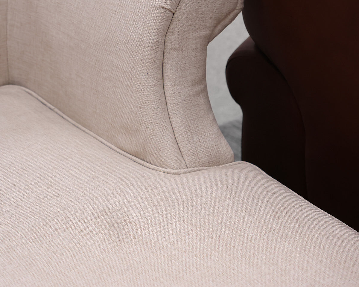 Rollback Chaise in Pale Blush Heather Linen on Turned Black Legs