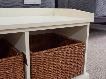 Pottery Barn White Hall Bench W/ Wicker Baskets
