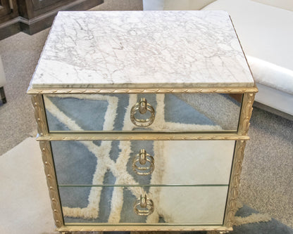 Caracole 3 Drawer Mirrored  Carrara  Marble Top Nightstand