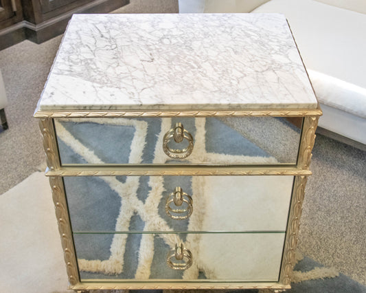 Caracole 3 Drawer Mirrored  Carrara  Marble Top Nightstand